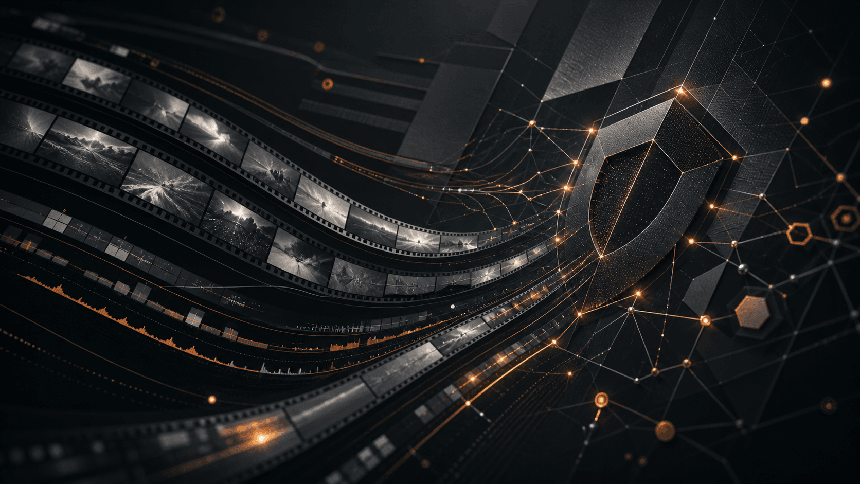 Abstract motion timeline and secure network structure in graphite and orange.
