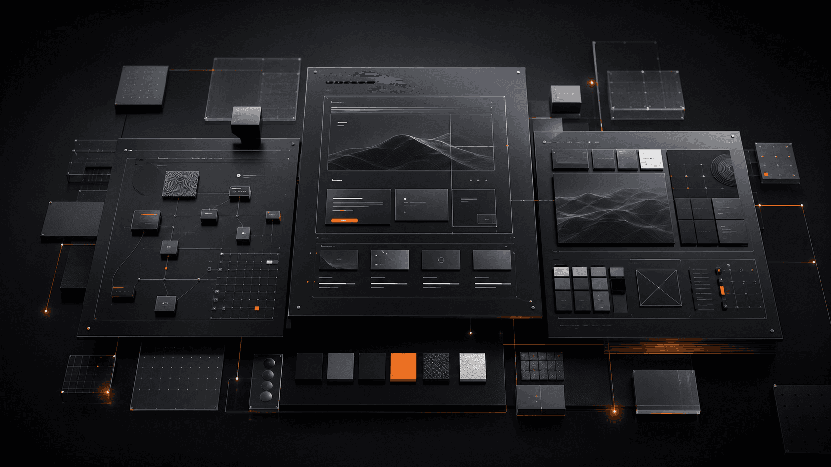 Abstract graphite software panels connected by precise orange signal lines.