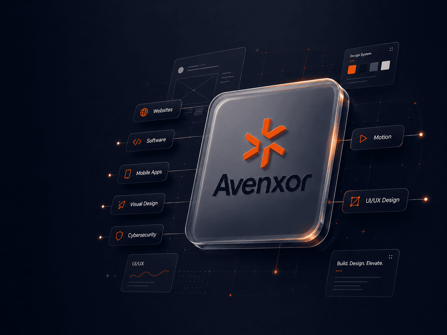 Avenxor launch website concept with service callouts around the central brand plate.