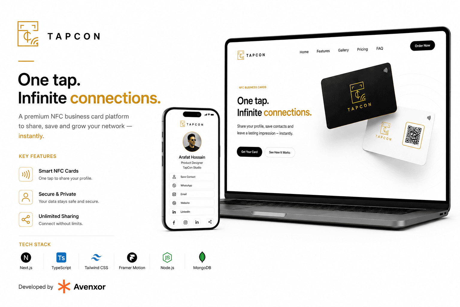 TapCon NFC digital business card platform interface preview.